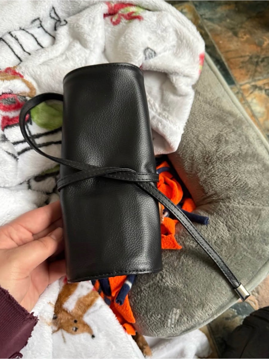 Black Leather RollUp Jewelry Travel Case